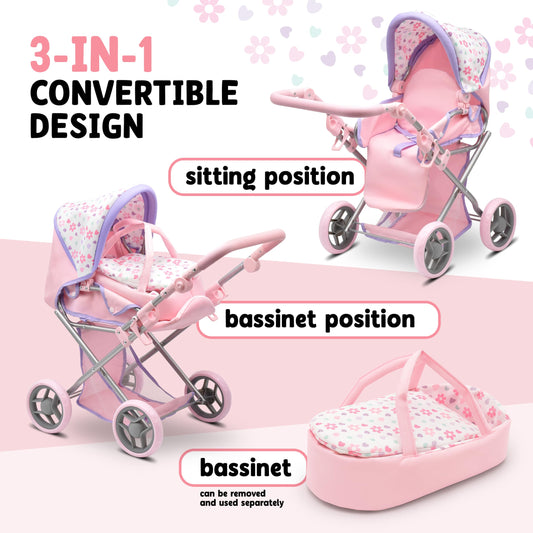 Dolls To Play convertible stroller with bassinet, versatile for pretend scenarios.