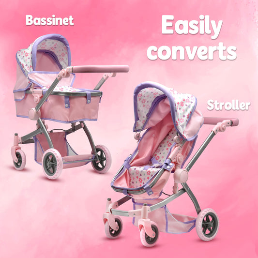 Dolls To Play pram to buggy convertible stroller shown in action for imaginative role play