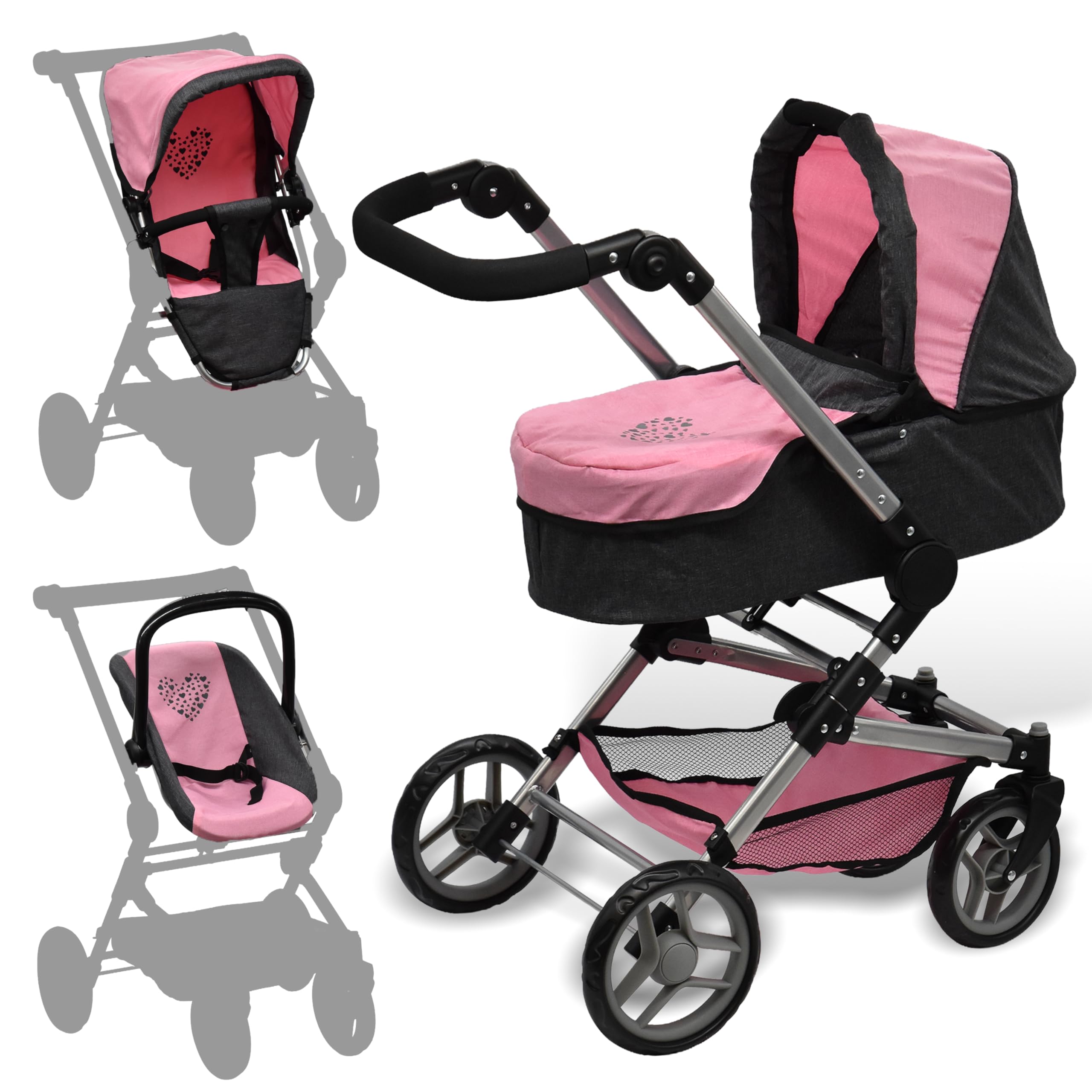 Dolls To Play stroller-bassinet combo offering cozy transport for 18-inch dolls.