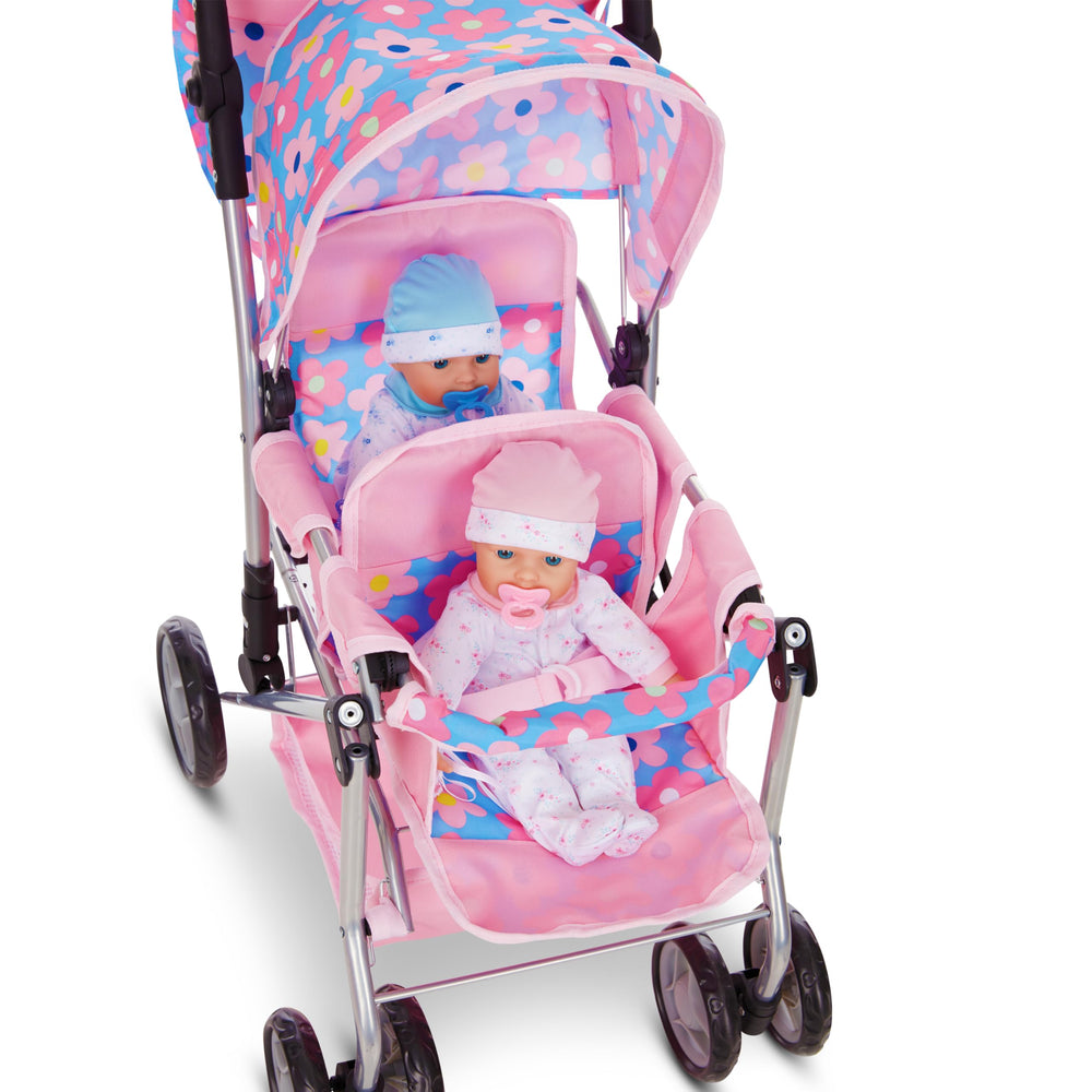 Dolls To Play retractable canopy adds realistic shade during pretend outings.