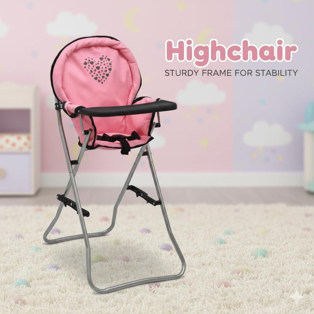 Dolls To Play foldable high chair shown flat for storage and travel.