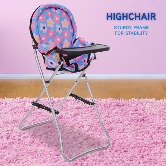 Foldable doll high chair showcases portability for travel and on-the-go play