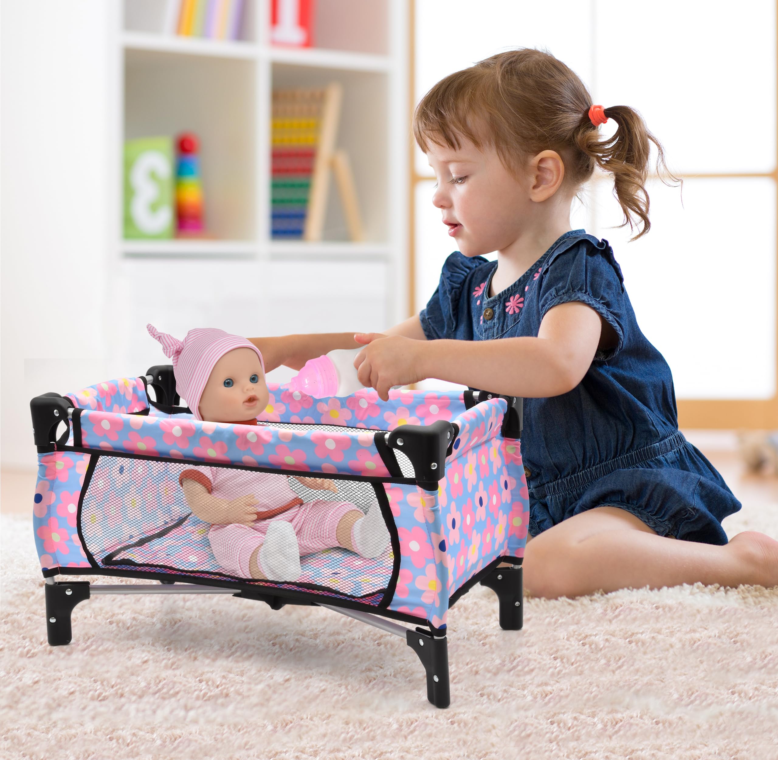 Dolls To Play folded-crib blue storage for quick cleanup and space-saving design