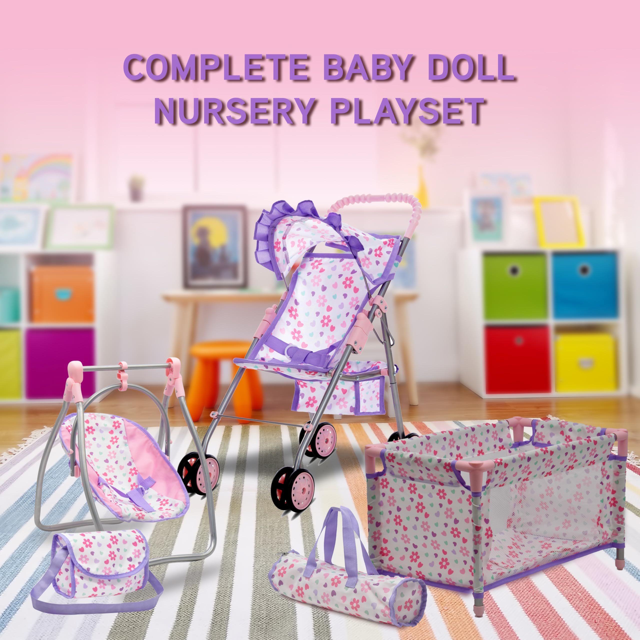Dolls To Play hood and storage basket with diaper bag for organized playtime.