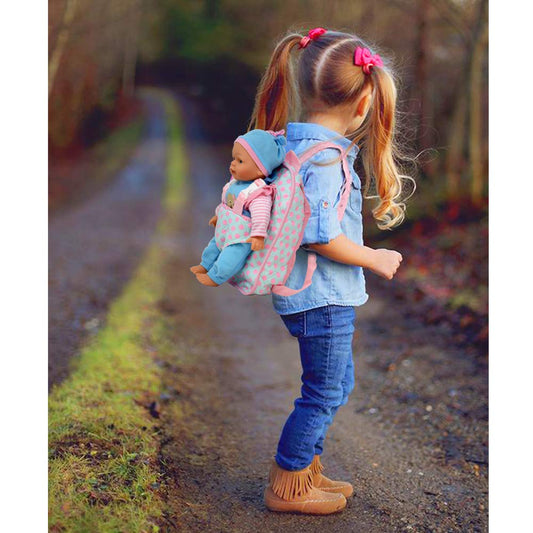 Dolls To Play pink backpack carrier for take-along adventures and easy transport.