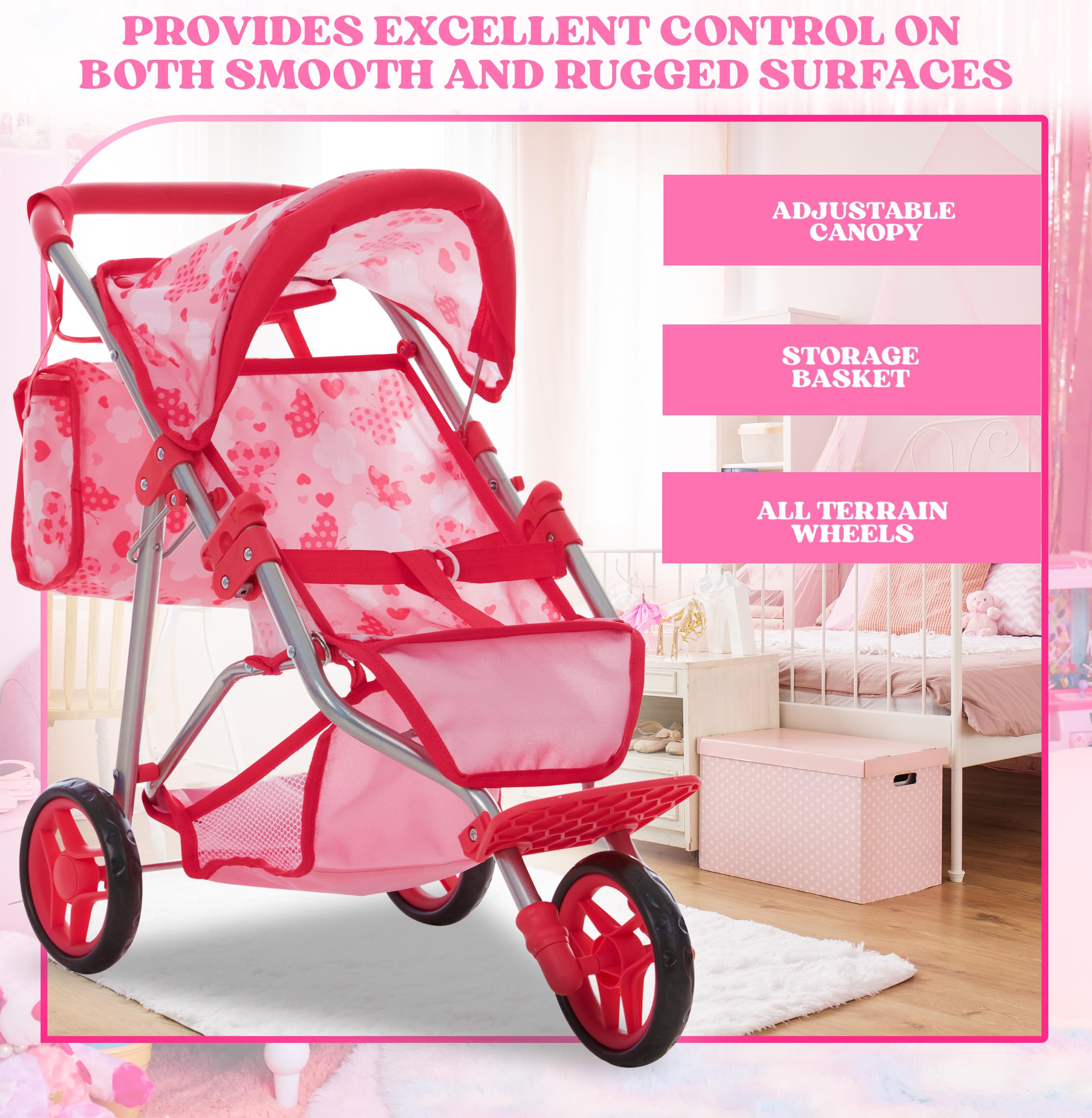 Dolls To Play pink diaper bag adds realistic detail.