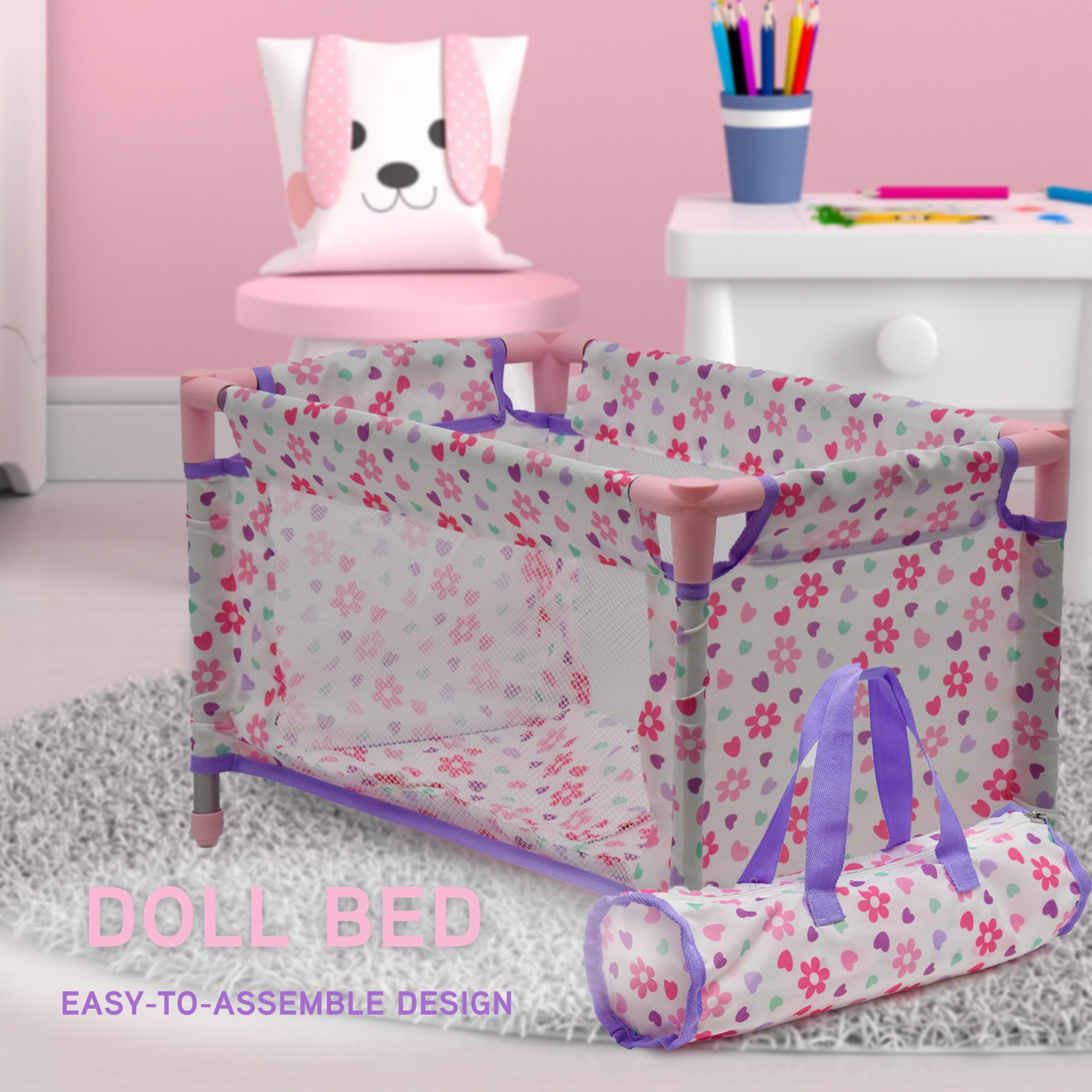 Dolls To Play purple floral diaper bag adds stylish storage for dolls.