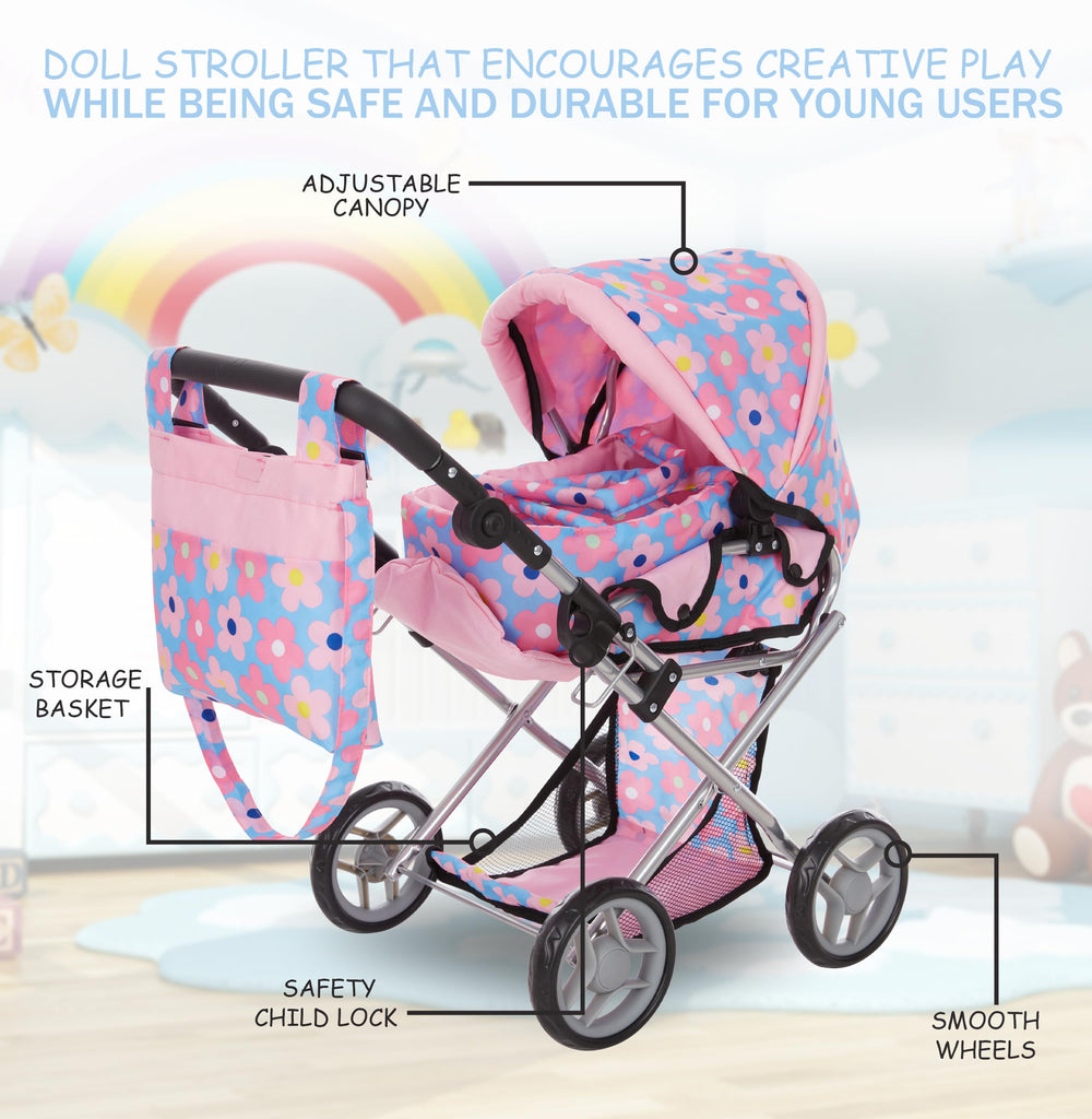 Dolls To Play retractable canopy on blue pram protects during outdoor play.