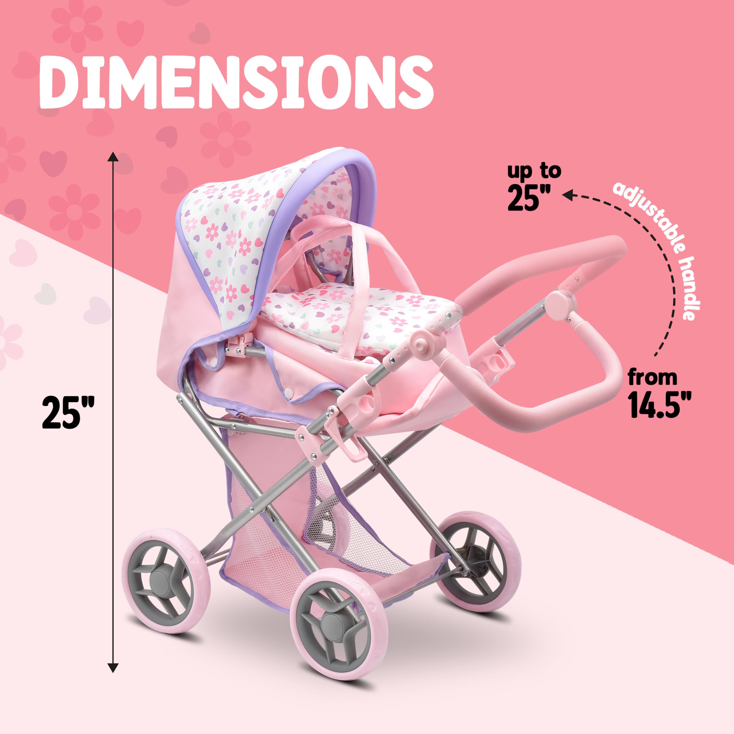 Dolls To Play retractable canopy offers shade during outdoor pretend adventures.