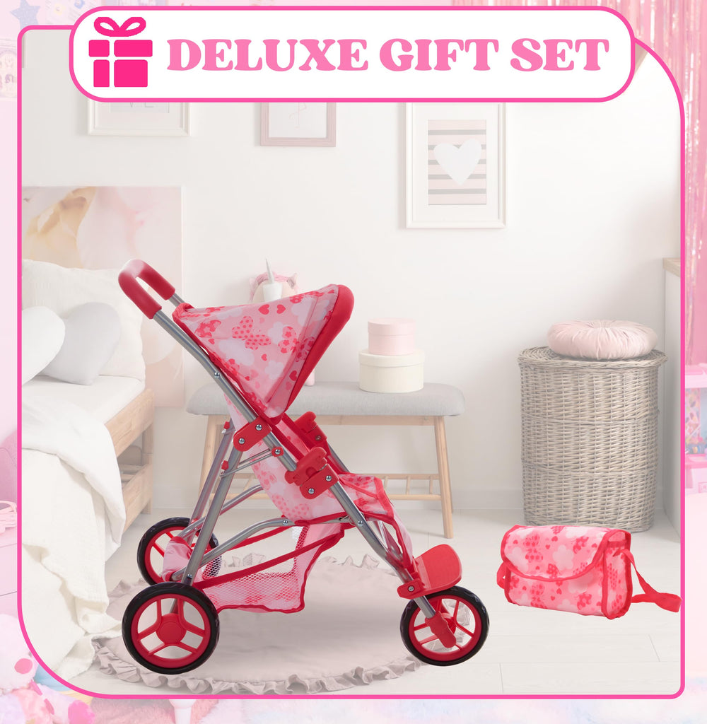 Dolls To Play stroller basket storage keeps doll accessories organized.