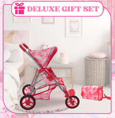 Dolls To Play stroller basket storage keeps doll accessories organized.