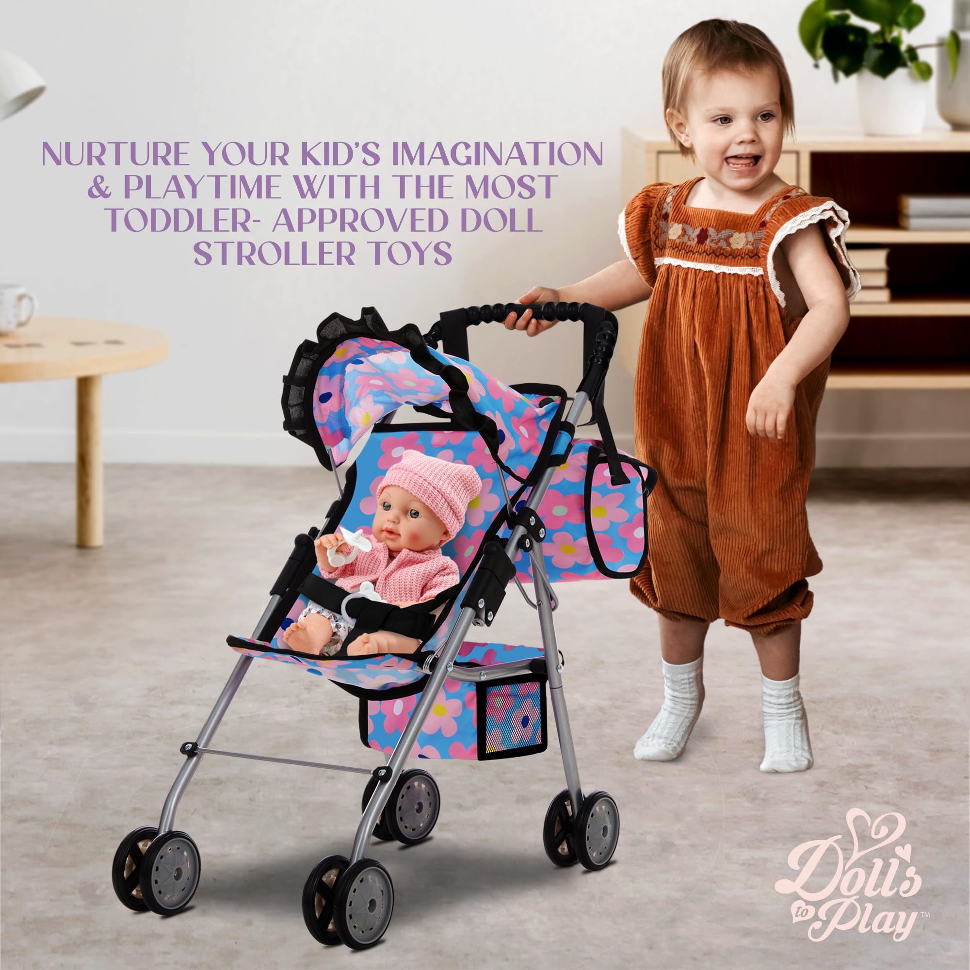 Dolls To Play Stroller blue wheels demonstrating smooth rolling for gentle pushes