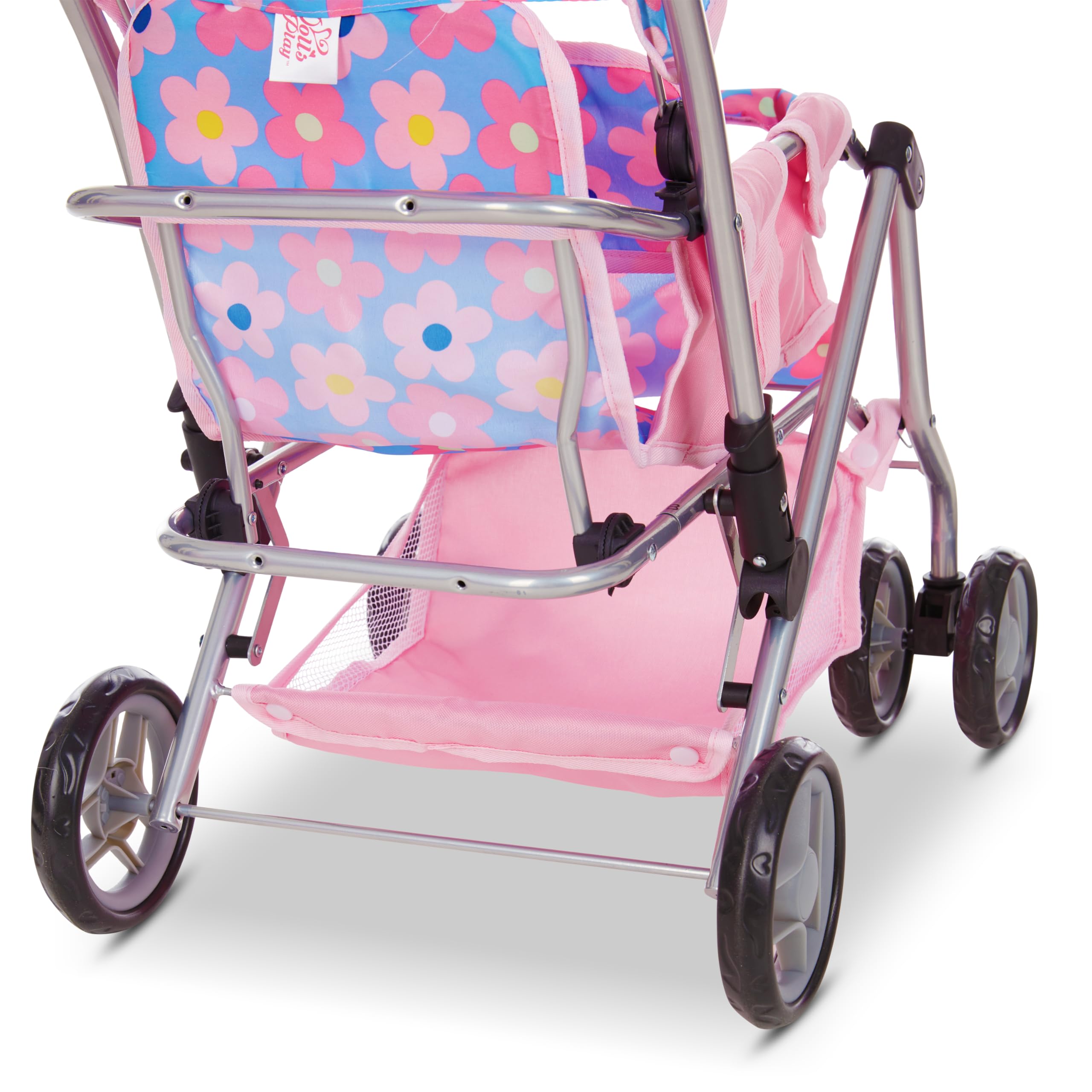 Dolls To Play stroller with rotating wheels supports smooth indoor outdoor play.