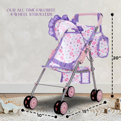 Dolls To Play stroller with retractable canopy in purple for sun protection during playtime.