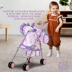 Dolls To Play travel-friendly purple doll stroller for on-the-go adventures.