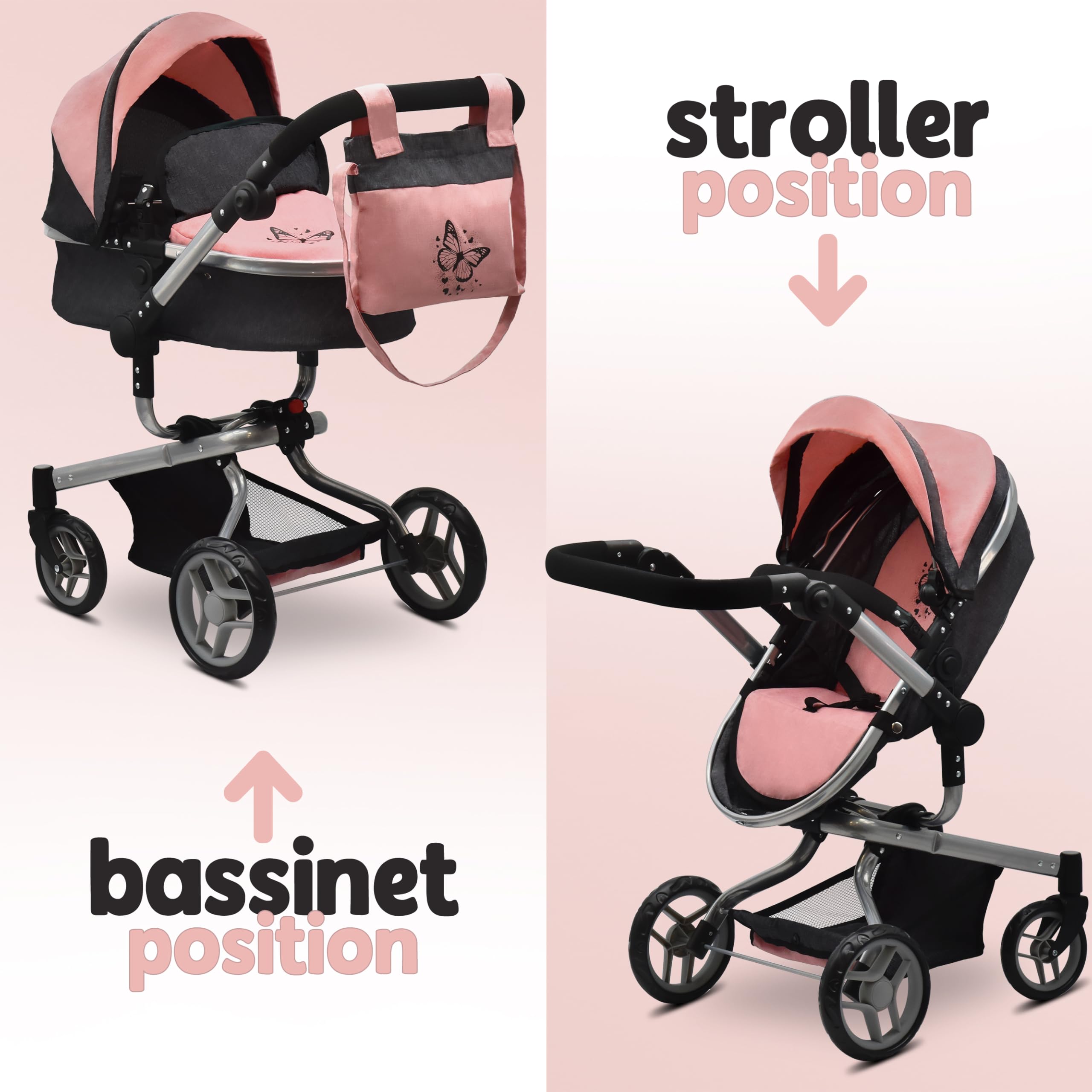Dolls To Play two-in-one carriage shown as bassinet and seated mode