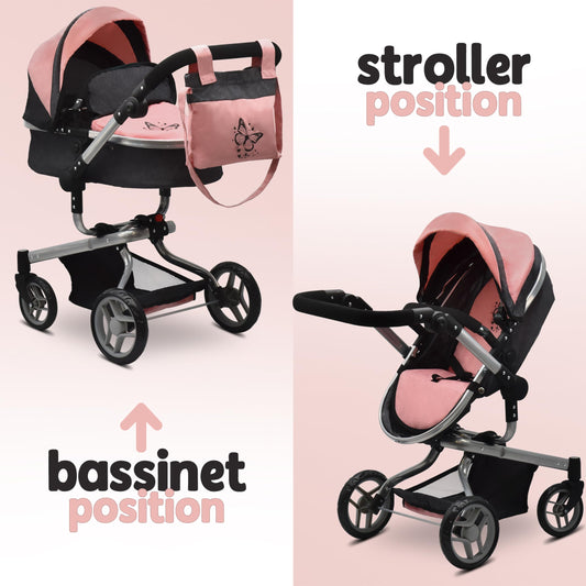 Dolls To Play two-in-one carriage shown as bassinet and seated mode