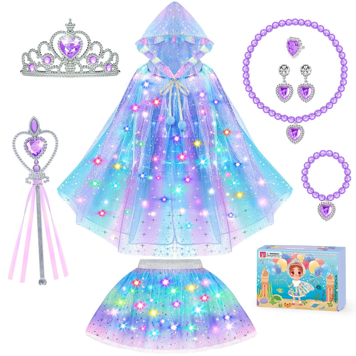 DOLNOW princess dress up cape with a light-up glow for magical night-time play.