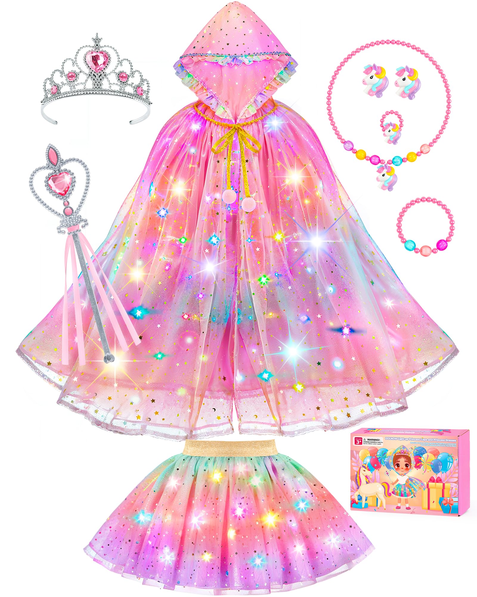 DOLNOW princess dress up set with light-up cape, ideal for imaginative play.