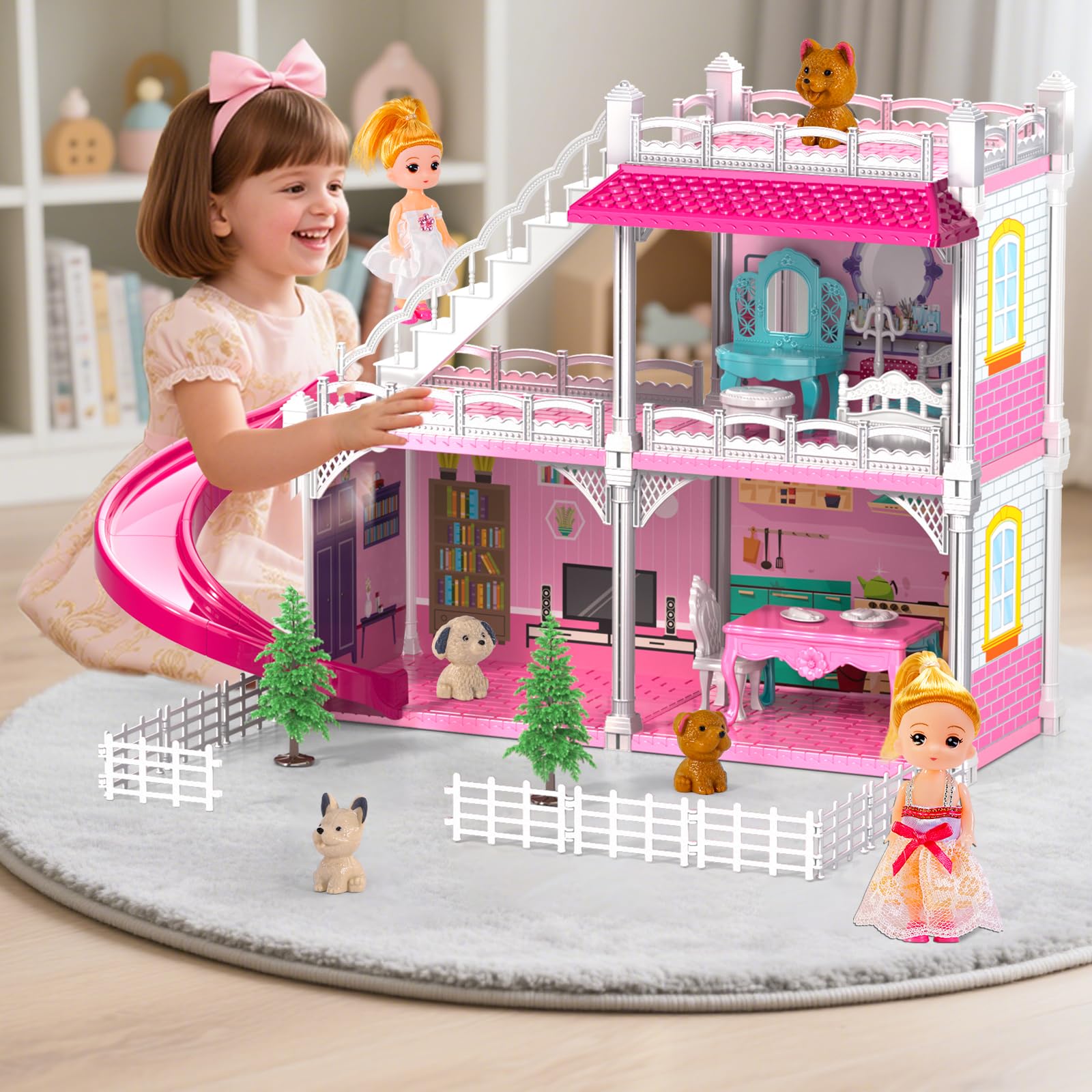 Doloowee dollshouse with slide, stairs, and yard invites active pretend adventures.