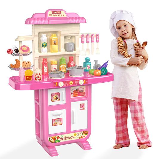 Doloowee Kids Kitchen Playset full assembly image showing a prep-ready kitchen for imaginative play