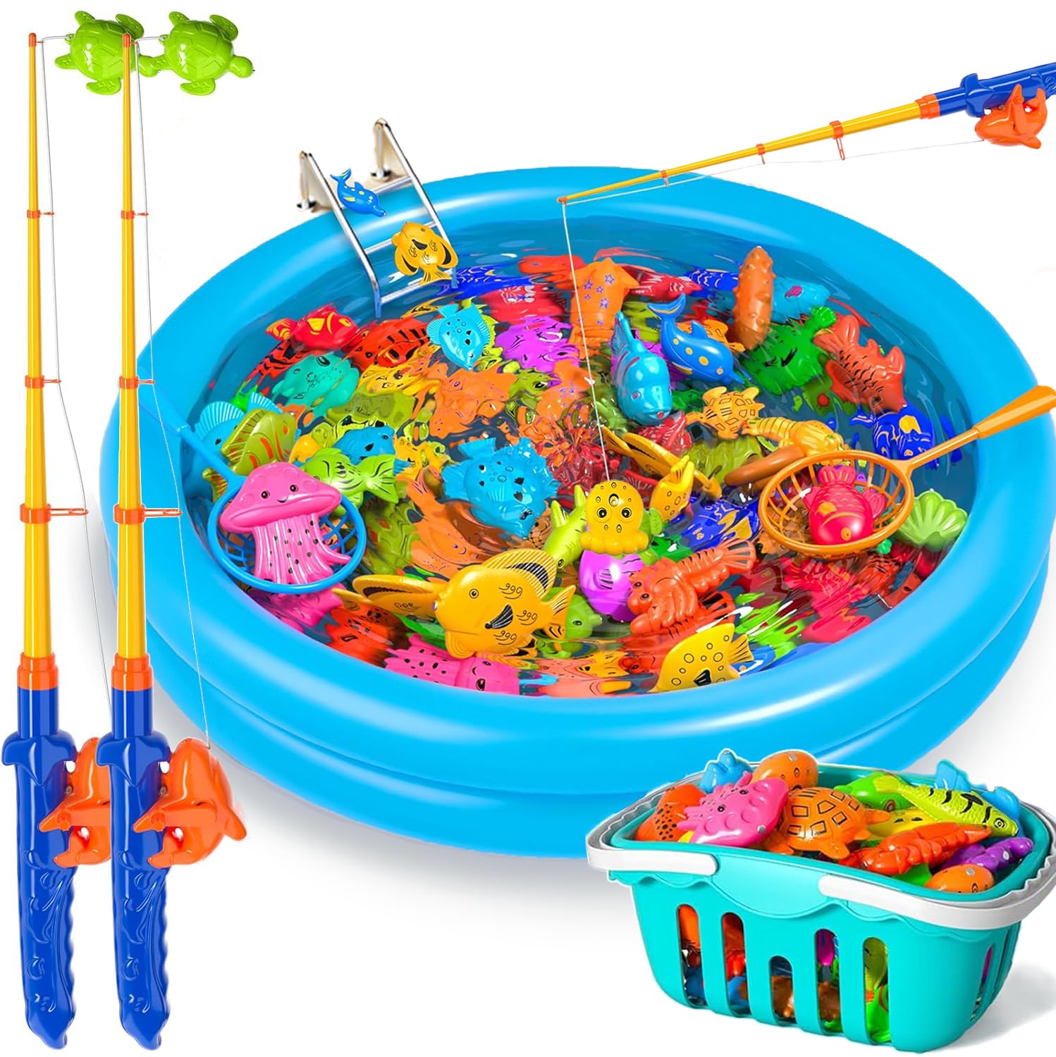 Doloowee magnetic fishing game bath set with two rods and nets for kids' sensory play.