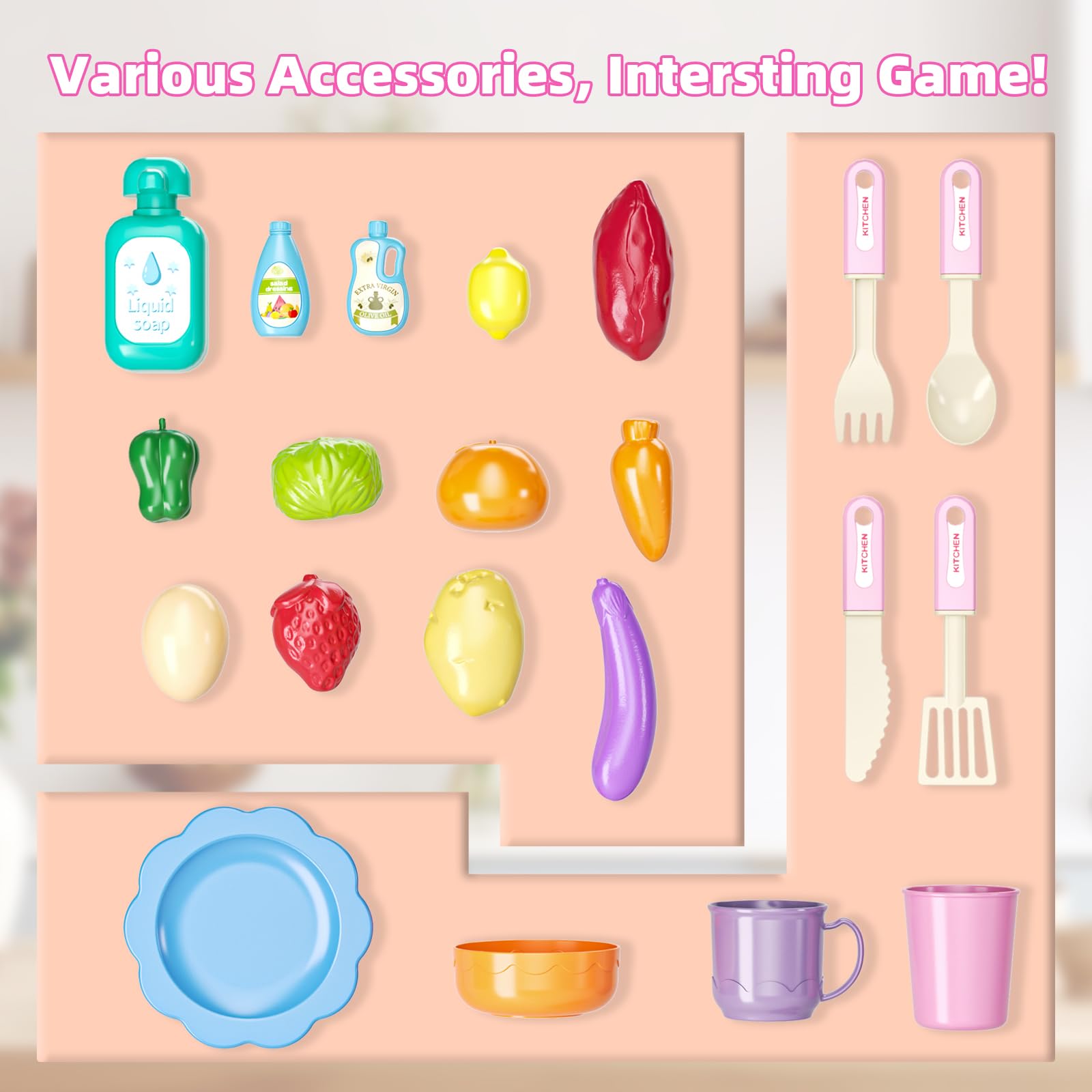 Doloowee plastic knives and detergent are included for authentic kitchen pretend play.