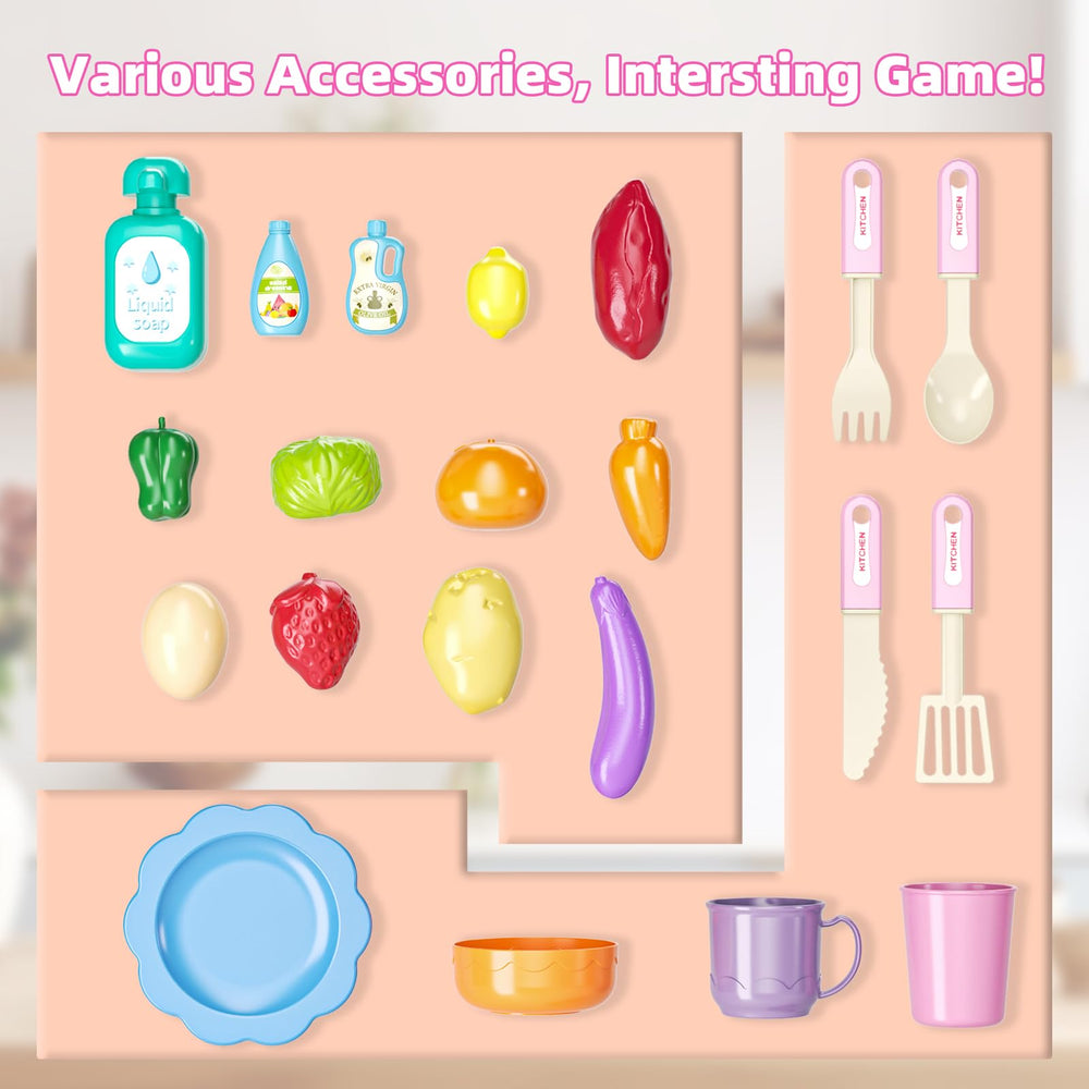 Doloowee plastic knives and detergent are included for authentic kitchen pretend play.