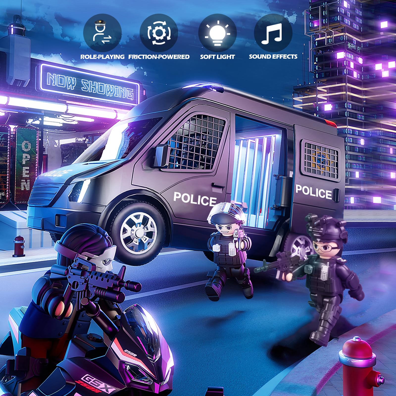 Doloowee police car toy truck police and prisoner figures for storytelling.