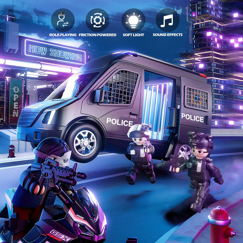 Doloowee police car toy truck police and prisoner figures for storytelling.