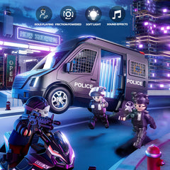 Doloowee police car toy truck police and prisoner figures for storytelling.