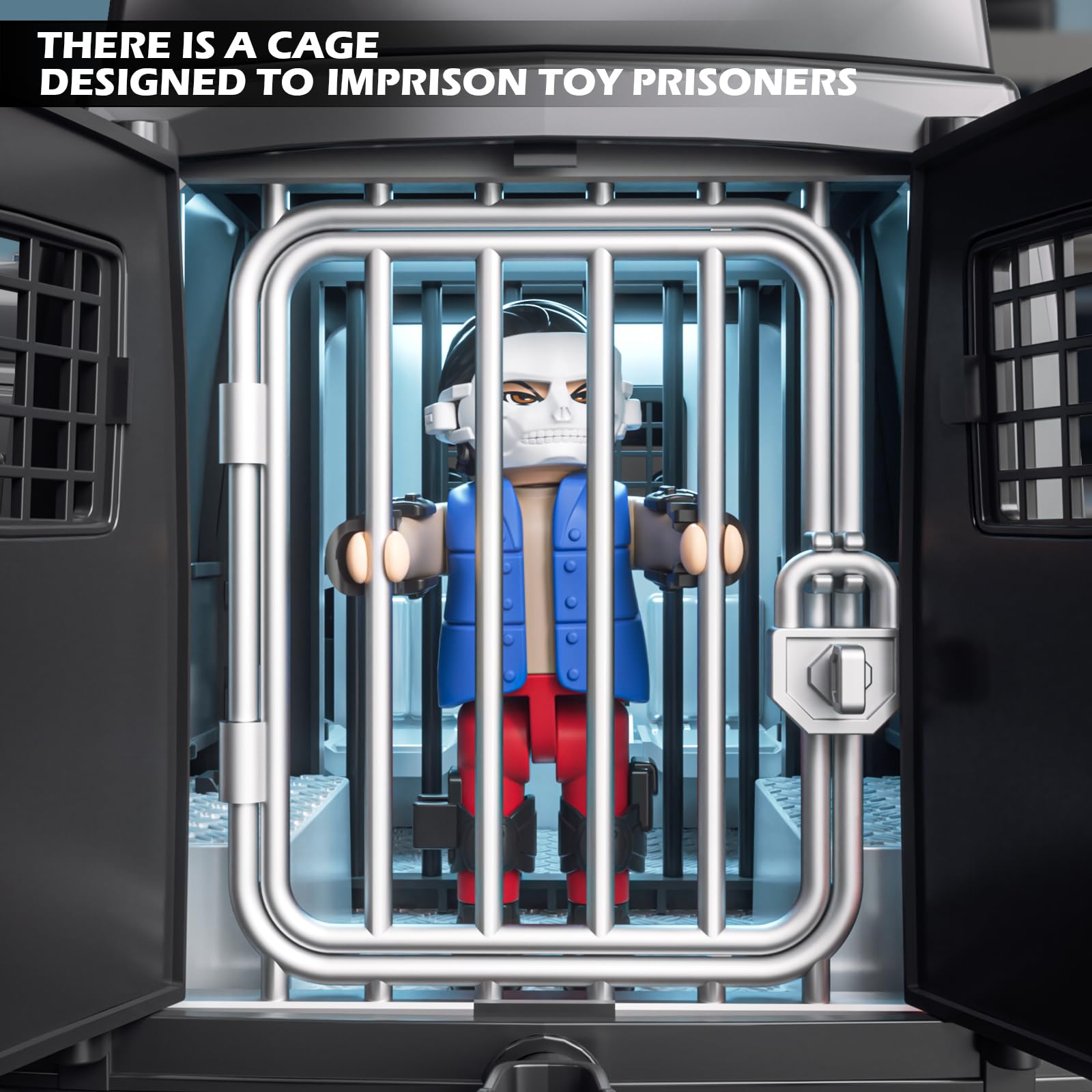 Doloowee police car toy truck interior storage space for accessories and figures.