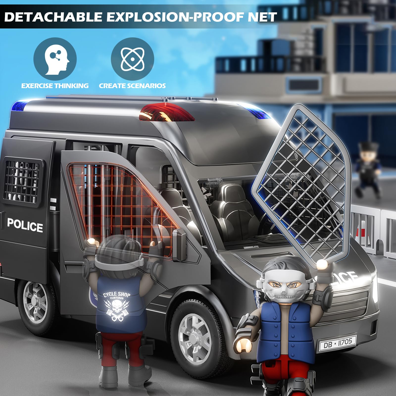 Doloowee police car toy truck removable roof for quick setup.