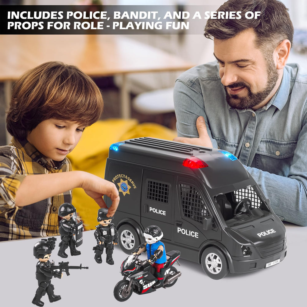 Doloowee police car toy truck riot shields enhance rescue missions.