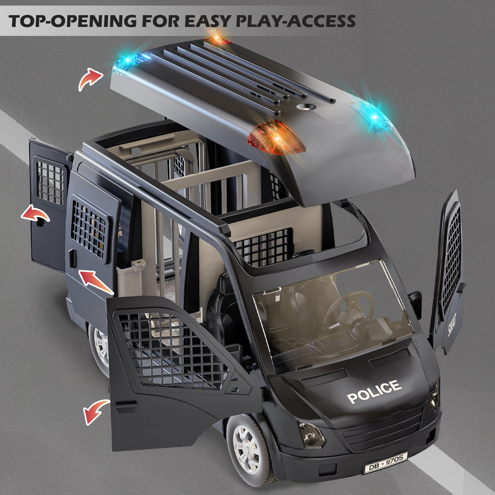Doloowee police car toy truck side doors open for interactive access during play.