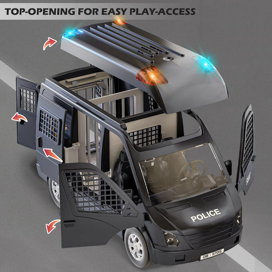Doloowee police car toy truck side doors open for interactive access during play.