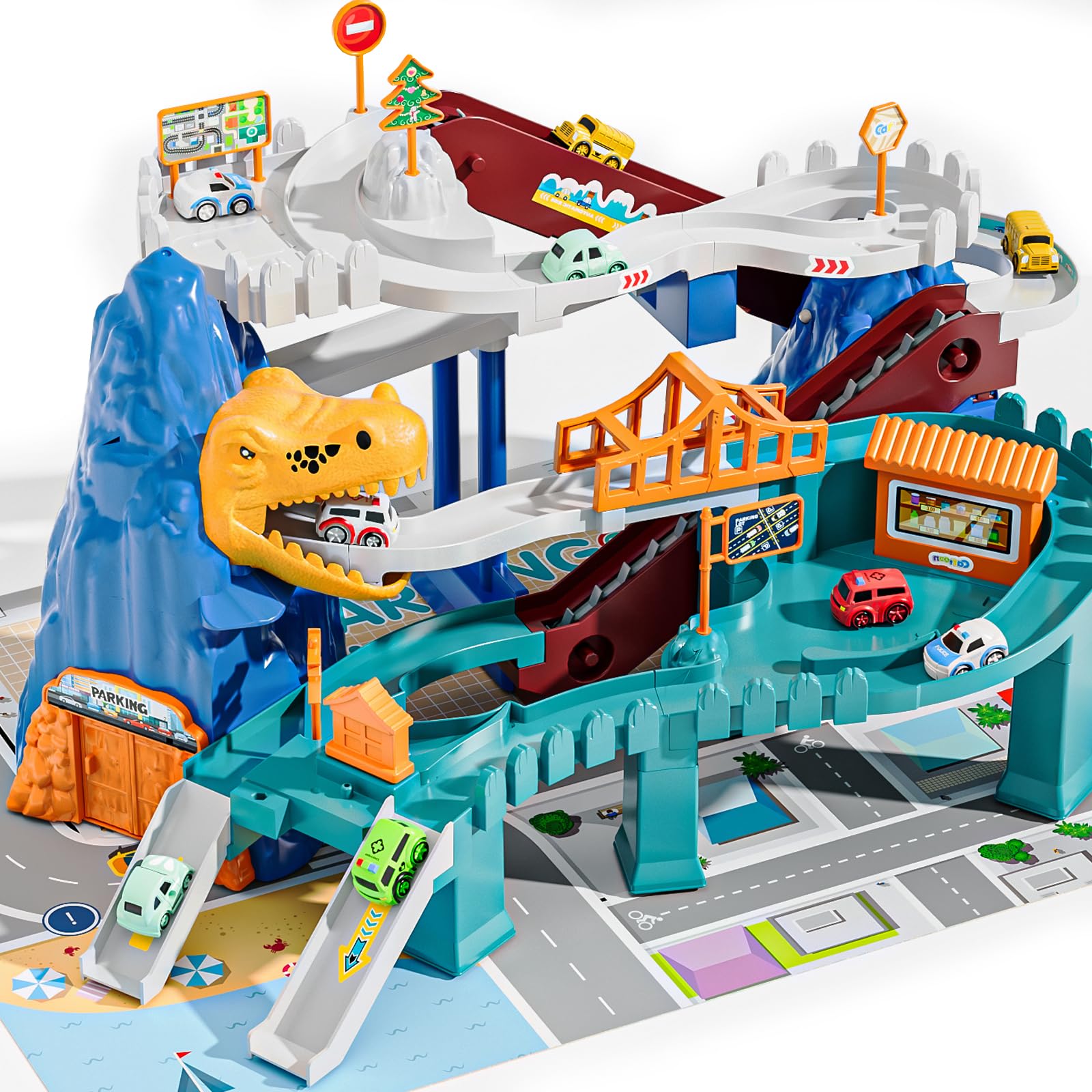 Doloowee toy car ramp track with dinosaur hills encourages imaginative play