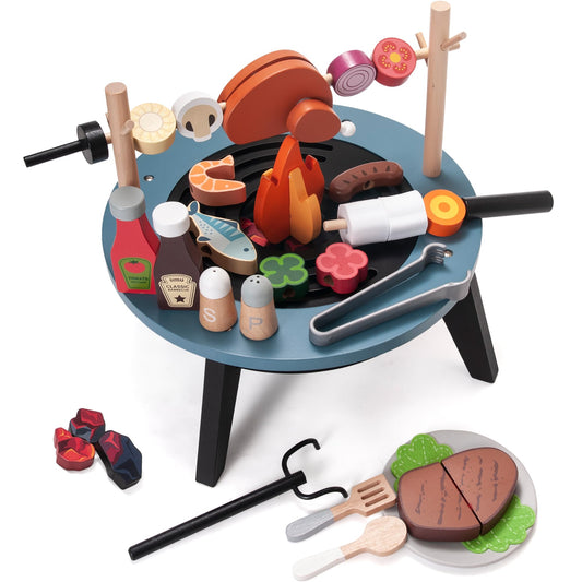 Donmills 45-piece toy grill set with skewers promotes imaginative cooking play.