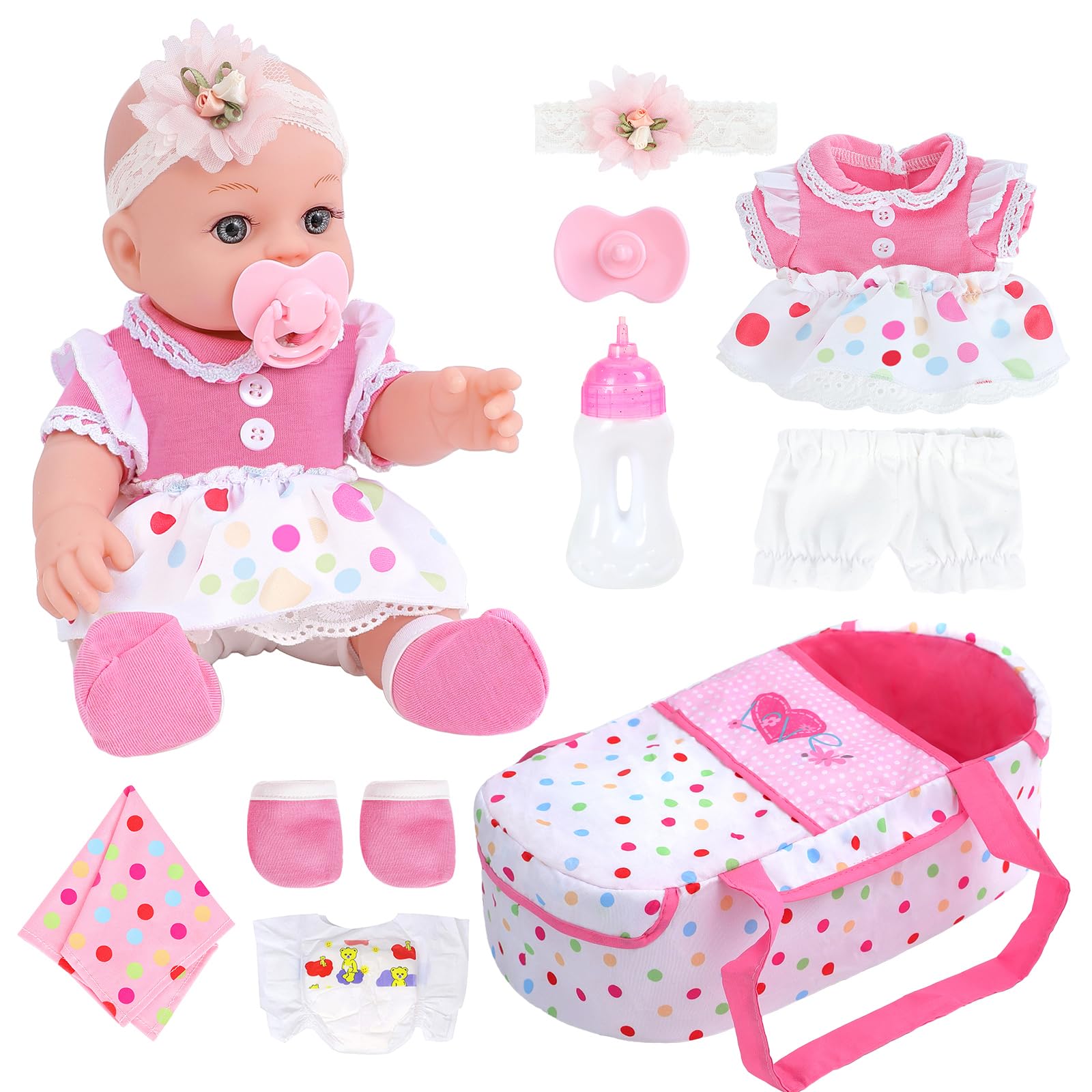 DONTNO 12-inch baby doll in bassinet for gentle pretend sleep