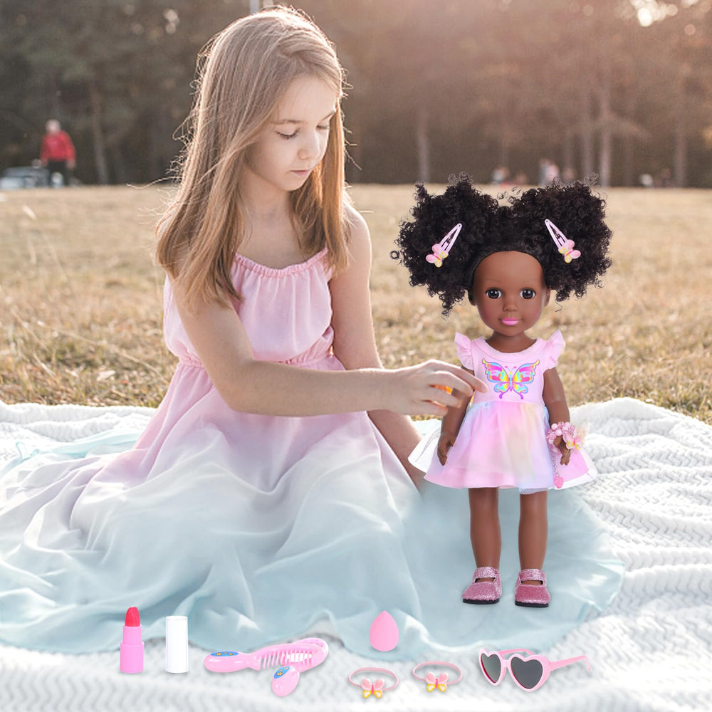 DONTNO 14-5 inch black doll pink shoes complete a coordinated outfit.
