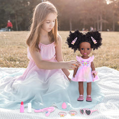 DONTNO 14-5 inch black doll pink shoes complete a coordinated outfit.