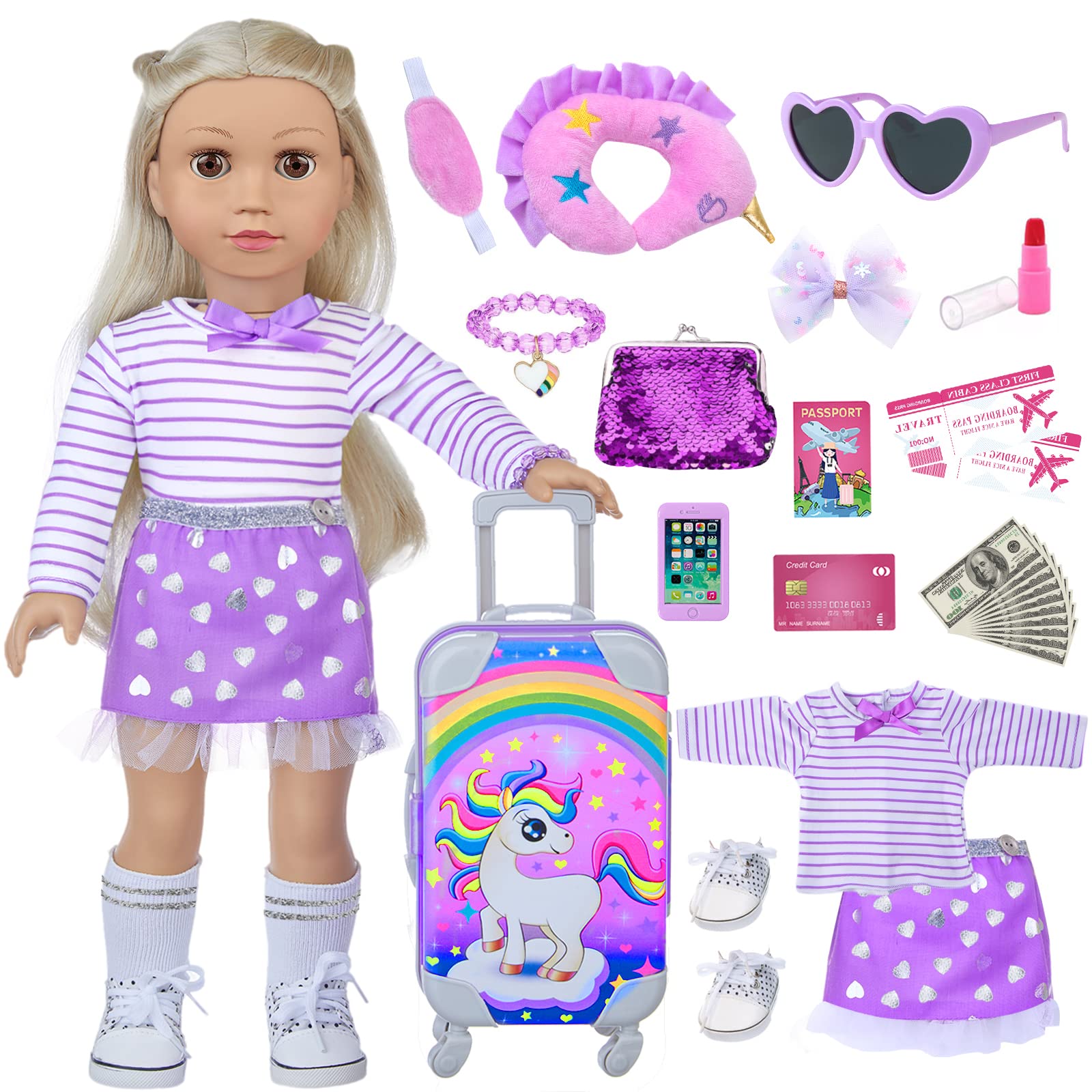 DONTNO unicorn travel suitcase for 18-inch dolls, ideal for imaginative play and tidy storage.