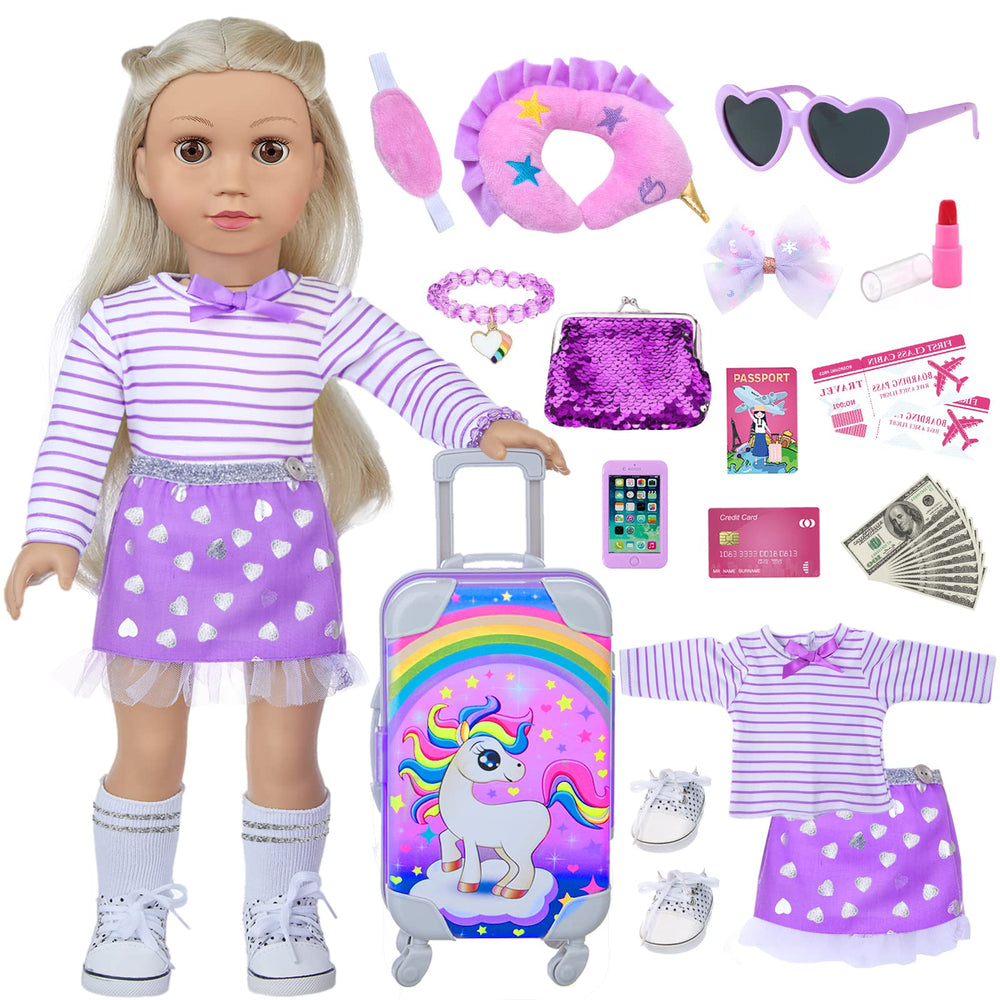 DONTNO unicorn travel suitcase for 18-inch dolls, ideal for imaginative play and tidy storage.