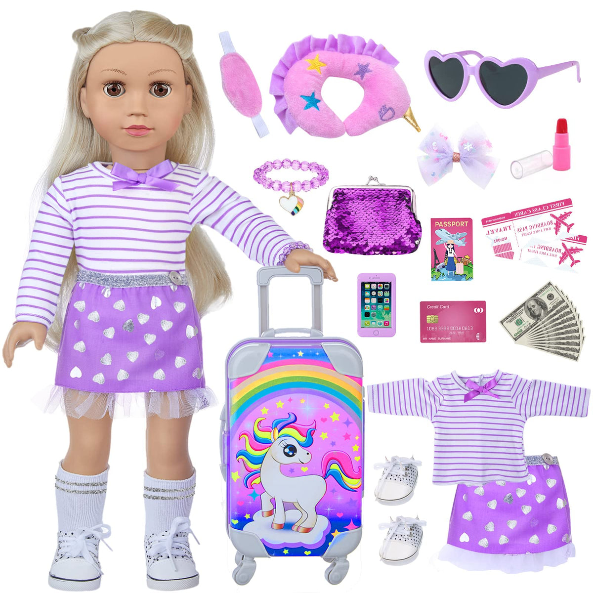 DONTNO unicorn travel suitcase for 18-inch dolls, ideal for imaginative play and tidy storage.