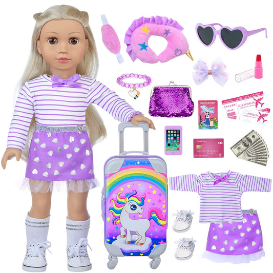 DONTNO unicorn travel suitcase for 18-inch dolls, ideal for imaginative play and tidy storage.