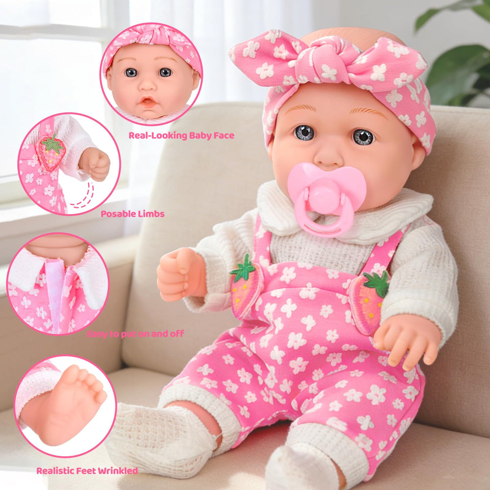 DONTNO pink fruit-pattern backpack to store doll accessories on the go.