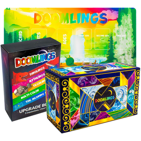 Doomlings base game cards spread, showcasing 167 unique cards for endless replayability.