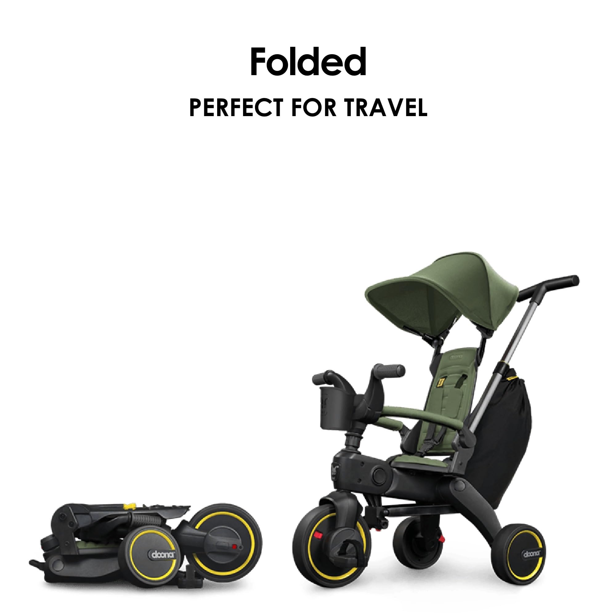 UPF 50 canopy on DOONA Liki Trike S3 Desert Green shields from sun