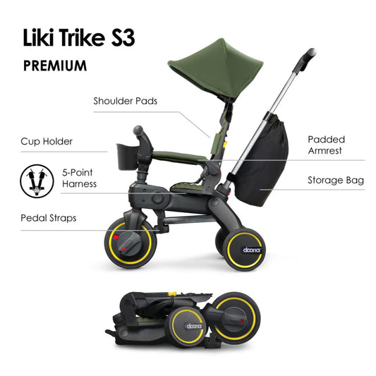 DOONA Liki Trike S3 Desert Green in ride mode with stable steering