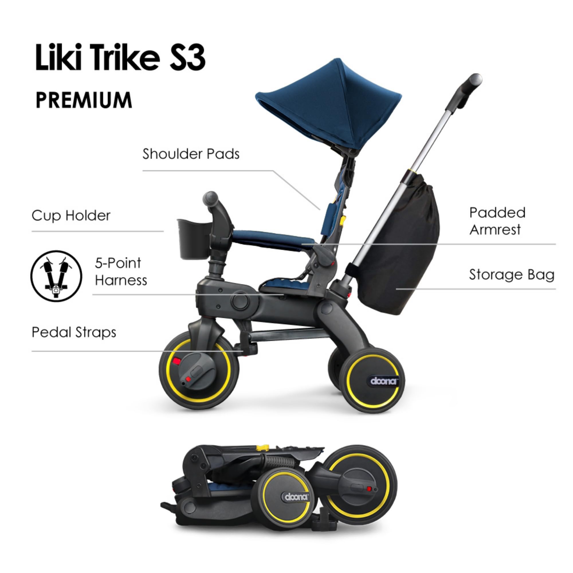 DOONA Liki Trike S3 Royal Blue unfolding button for quick setup